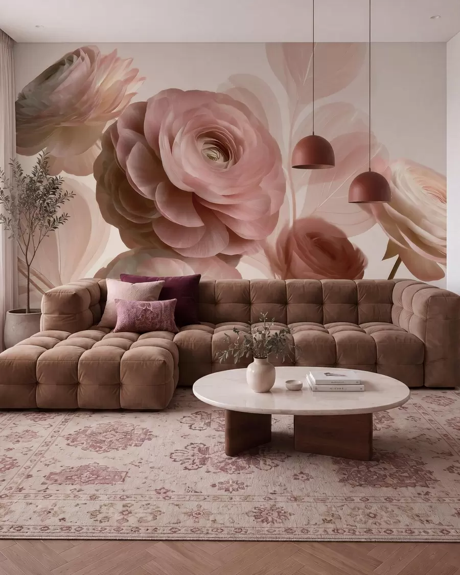 fototapet Flori voluminoase de ranunculus de culoare roz pudră, cu petale translucide în nuanțe delicate de roz și bej w09998