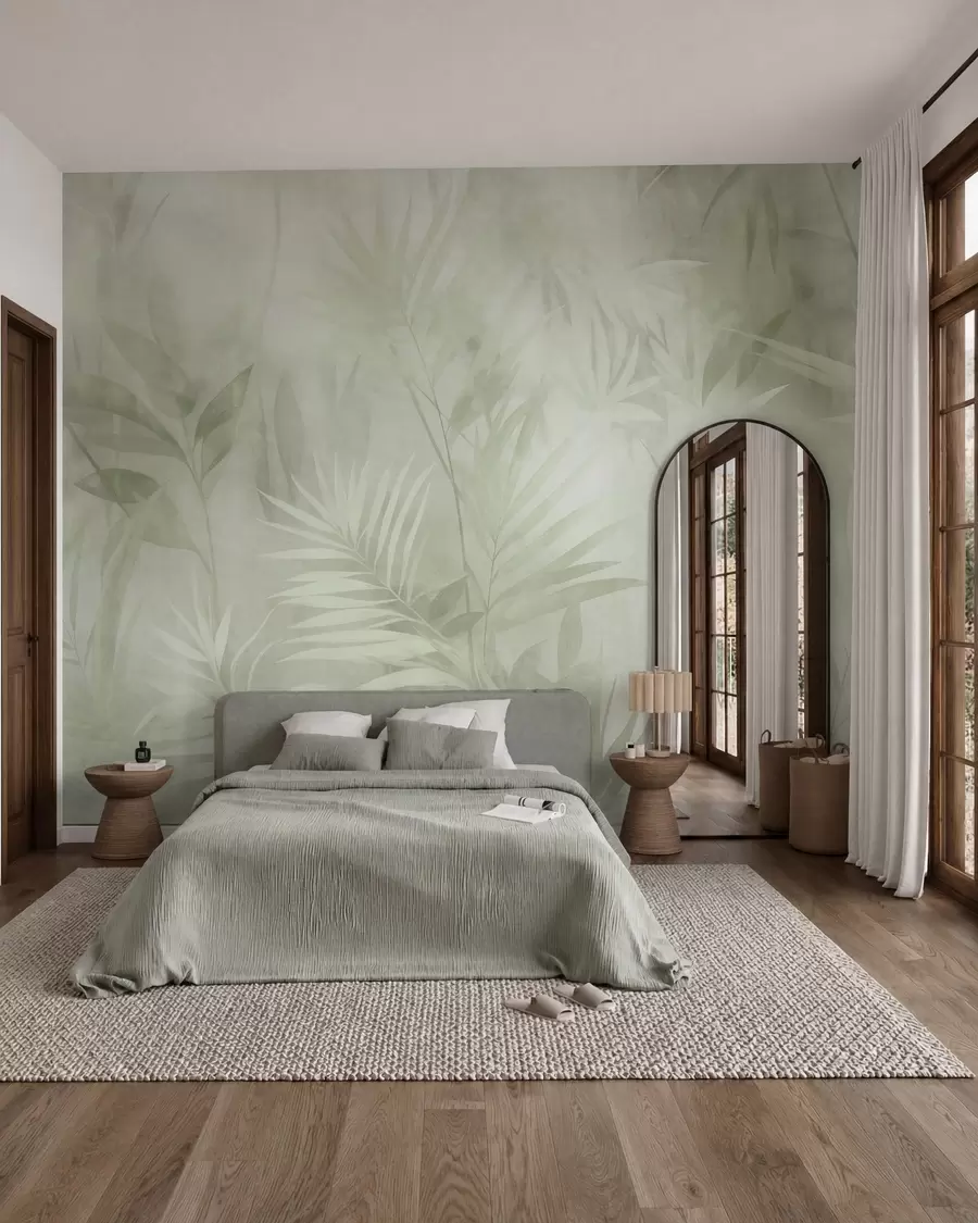 fototapet Frunze de palmier în nuanțe discrete de verde, pe un fundal delicat, junglă tropicală w10023v1
