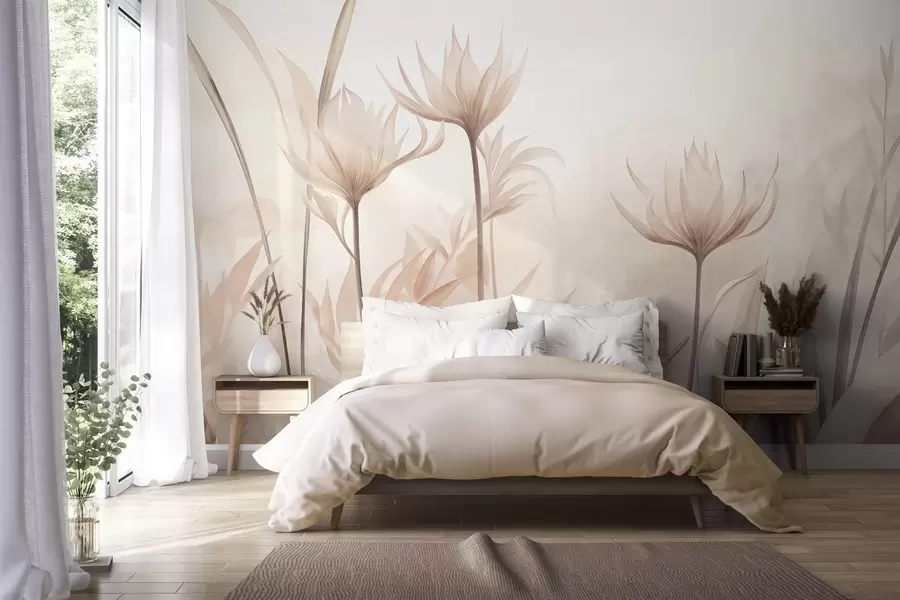 fototapet Flori translucide, cu textură, în nuanțe delicate de piersică și bej, cu tulpini lungi și frunze w10028