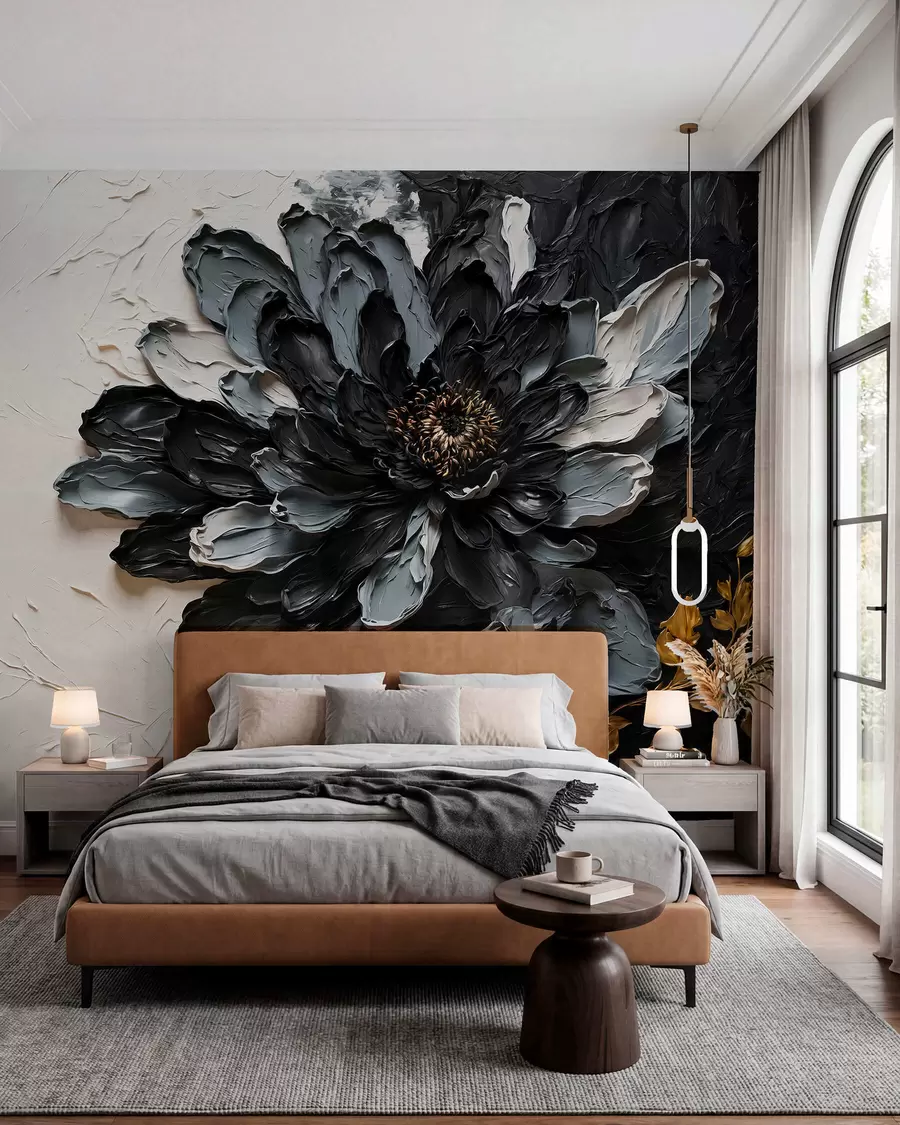 fototapet Floare texturată, neagră și gri, cu ramuri decorative w05883