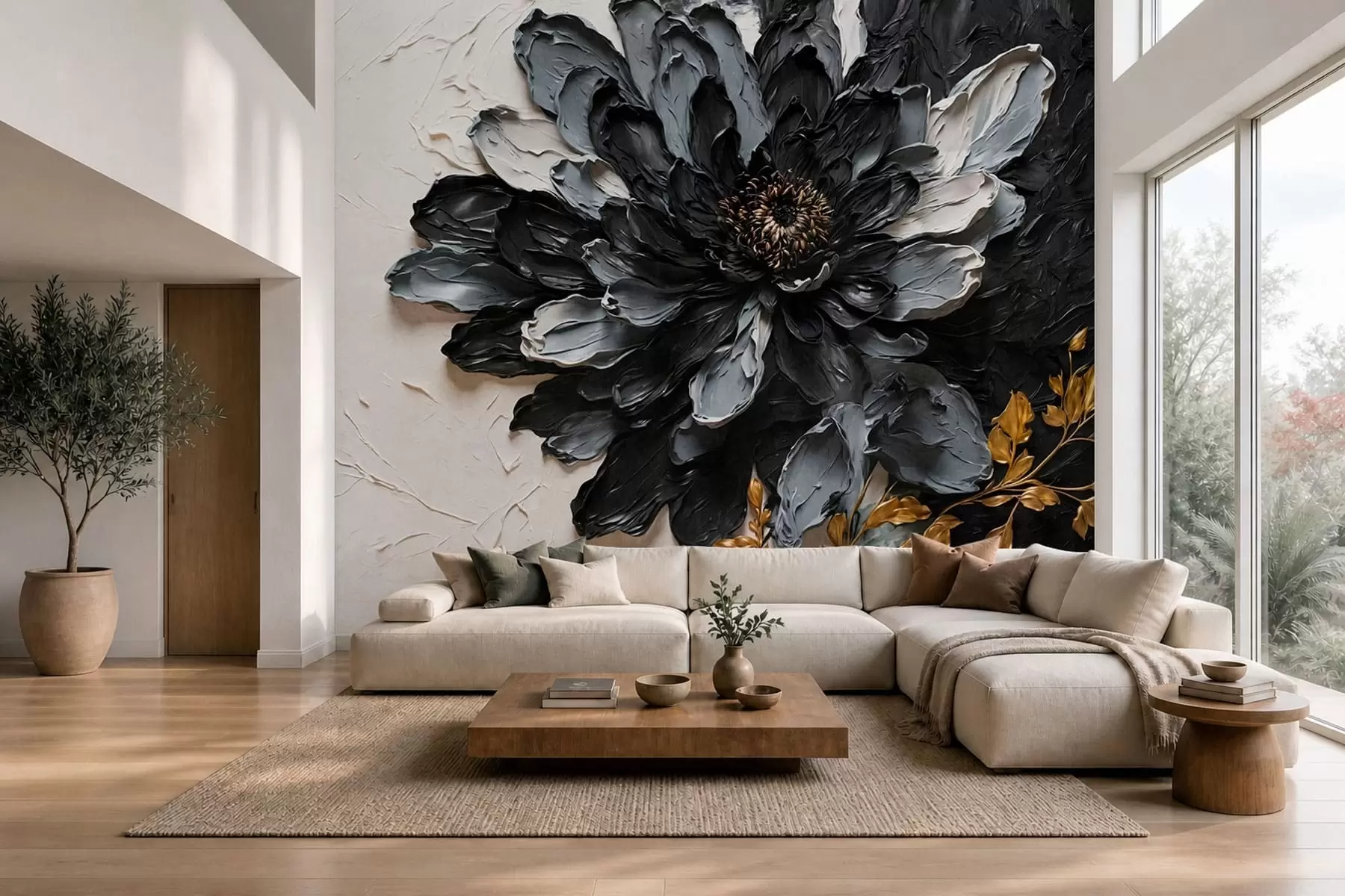 fototapet Floare texturată, neagră și gri, cu ramuri decorative w05883
