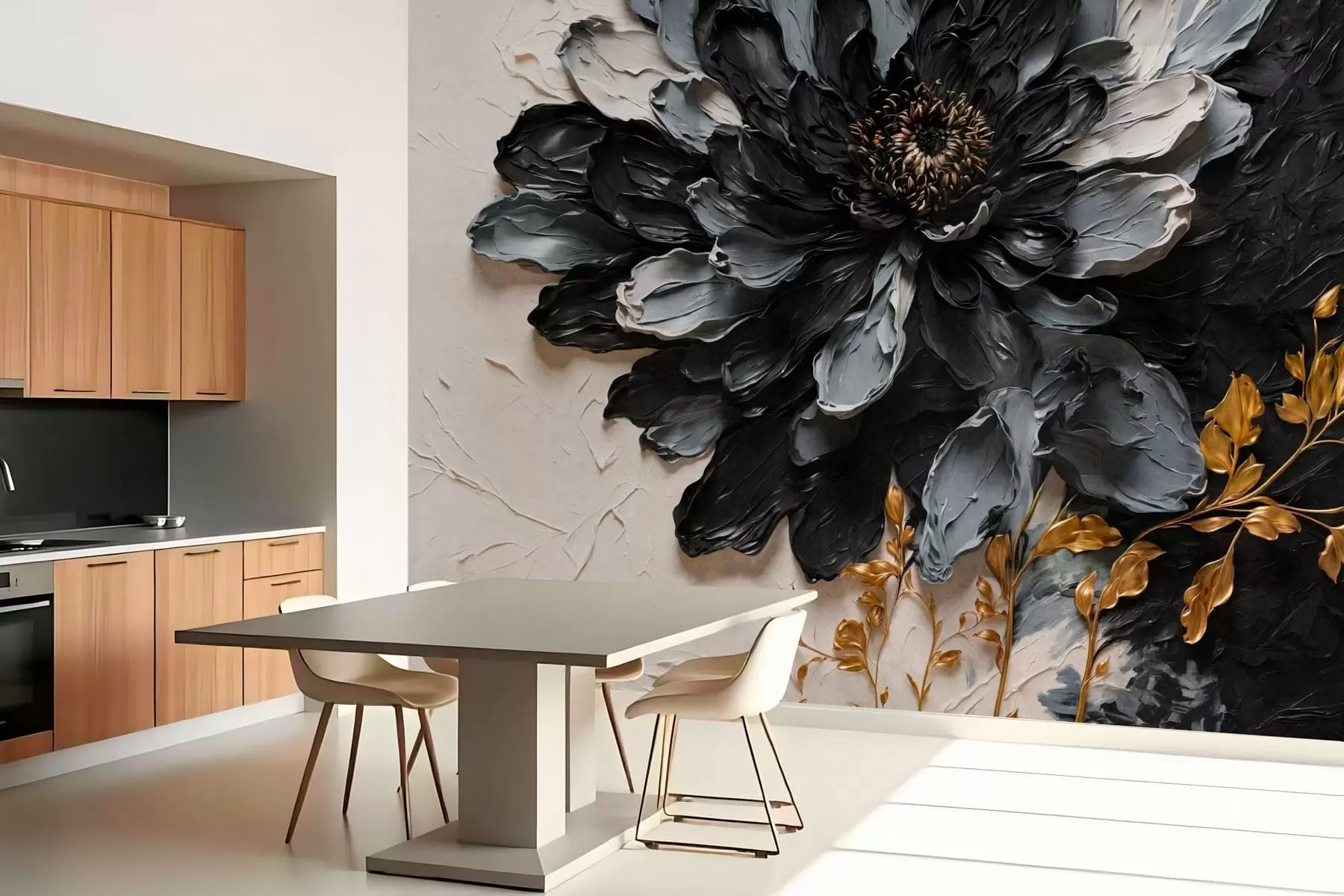 fototapet Floare texturată, neagră și gri, cu ramuri decorative w05883