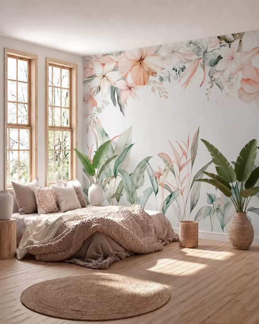 fototapet O compoziție tropicală de flori și plante în stil acuarelă, în nuanțe delicate w05870