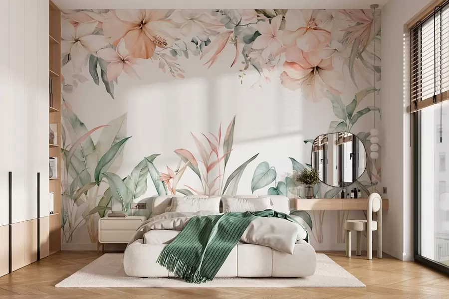 fototapet O compoziție tropicală de flori și plante în stil acuarelă, în nuanțe delicate w05870