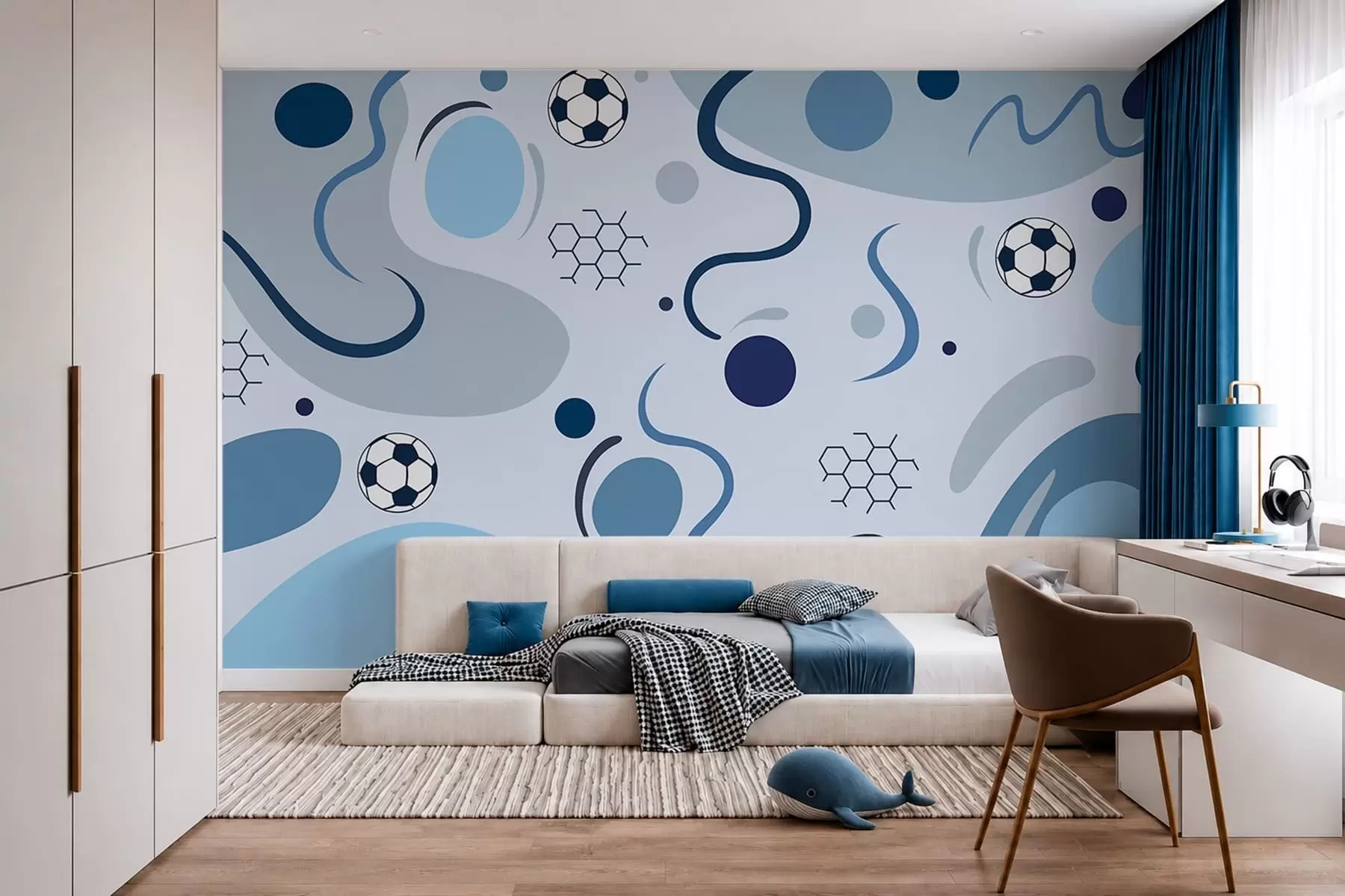 fototapet Forme abstracte colorate, mingi de fotbal și diagrame w05142