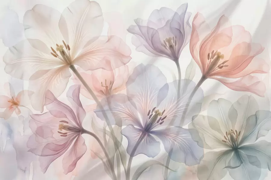 fototapet Flori delicate și transparente, în nuanțe pastelate, în stil acuarelă w09999
