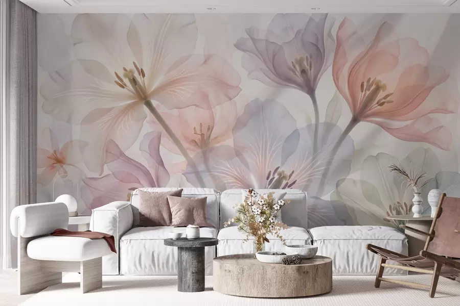fototapet Flori delicate și transparente, în nuanțe pastelate, în stil acuarelă w09999