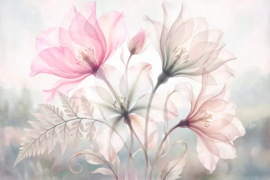 fototapet Flori delicate în nuanțe pastelate de roz și albastru, în stil acuarelă w10009