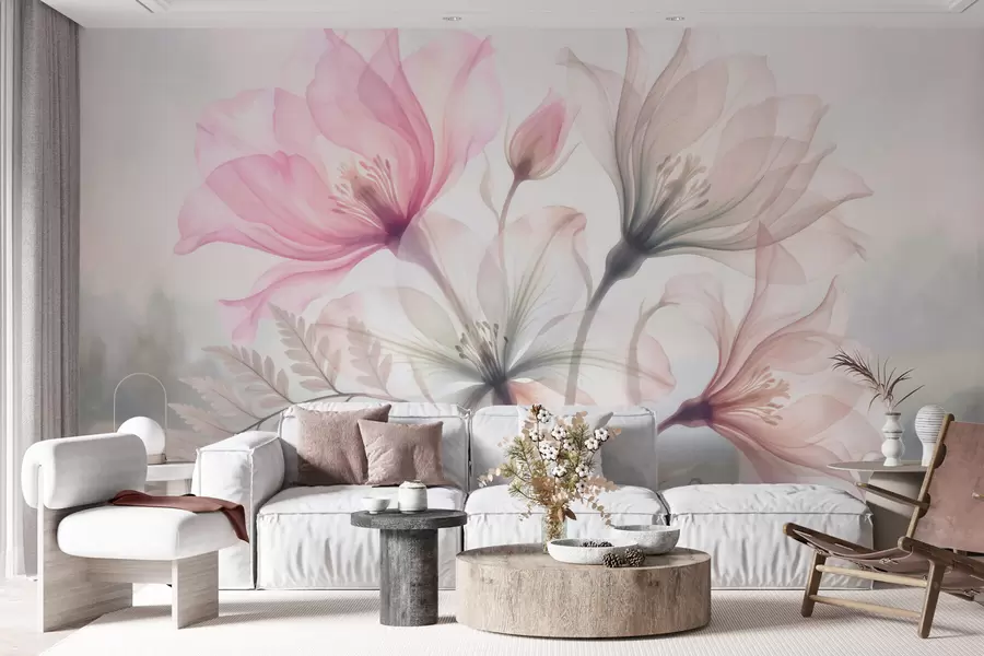 fototapet Flori delicate în nuanțe pastelate de roz și albastru, în stil acuarelă w10009