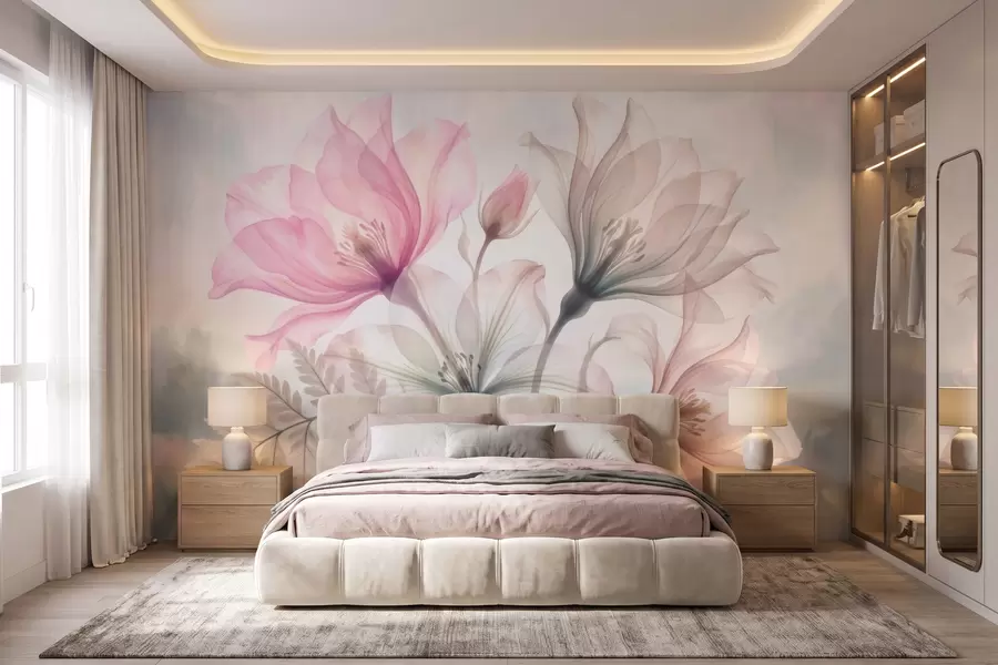 fototapet Flori delicate în nuanțe pastelate de roz și albastru, în stil acuarelă w10009