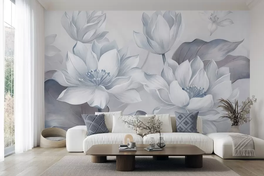 fototapet Flori de lotus cu textură, cu petale delicate, și frunze mari, de un albastru estompat w10027v1