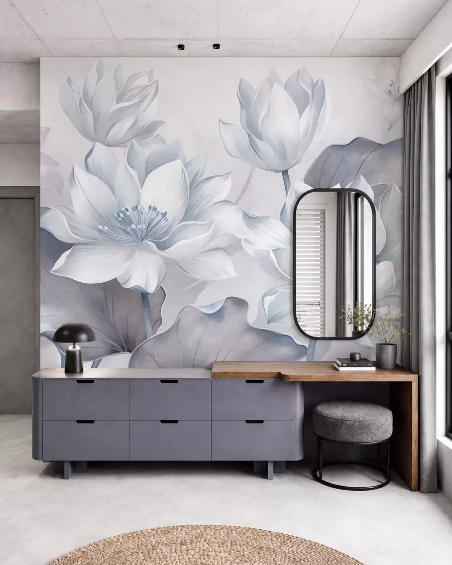 fototapet Flori de lotus cu textură, cu petale delicate, și frunze mari, de un albastru estompat w10027v1