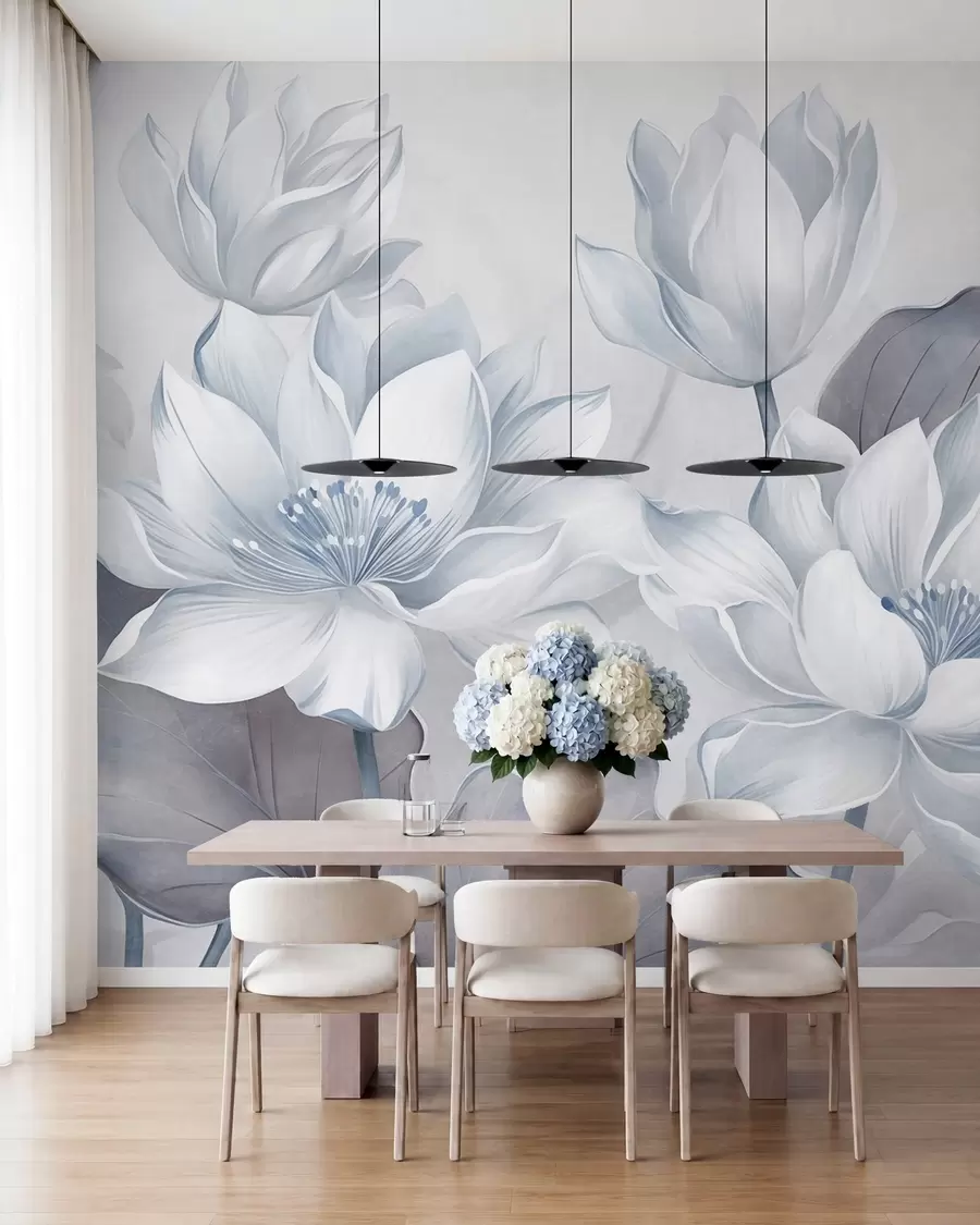 fototapet Flori de lotus cu textură, cu petale delicate, și frunze mari, de un albastru estompat w10027v1
