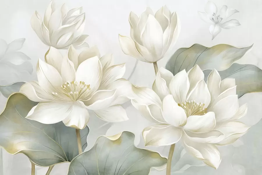 fototapet Flori de lotus cu textură, cu petale delicate și frunze mari, de un verde stins w10027