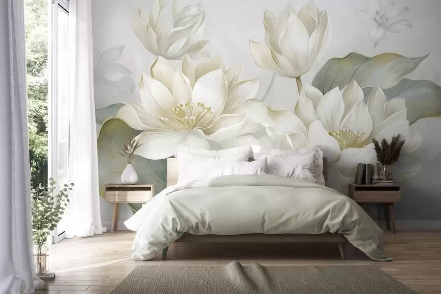 fototapet Flori de lotus cu textură, cu petale delicate și frunze mari, de un verde stins w10027