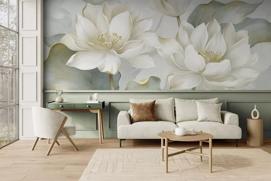 fototapet Flori de lotus cu textură, cu petale delicate și frunze mari, de un verde stins w10027