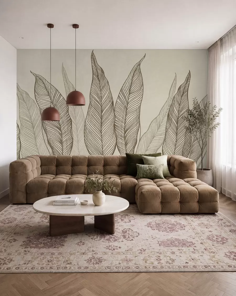 fototapet Frunze maro stilizate, cu detalii complexe realizate prin linii, pe un fundal bej, o lucrare artistică cu textură w10030v2