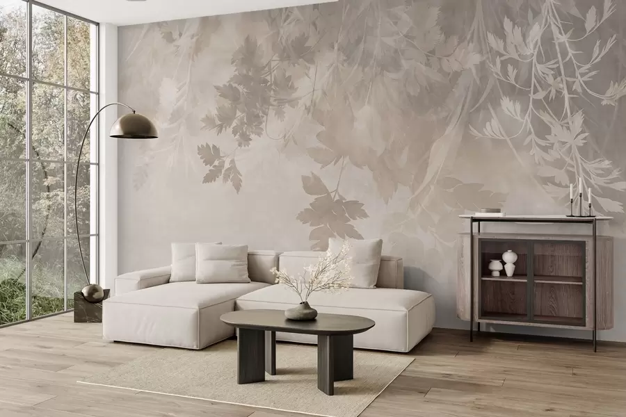 fototapet Frunze și ramuri cu textură, pe un fundal bej deschis, cu nuanțe delicate w10020
