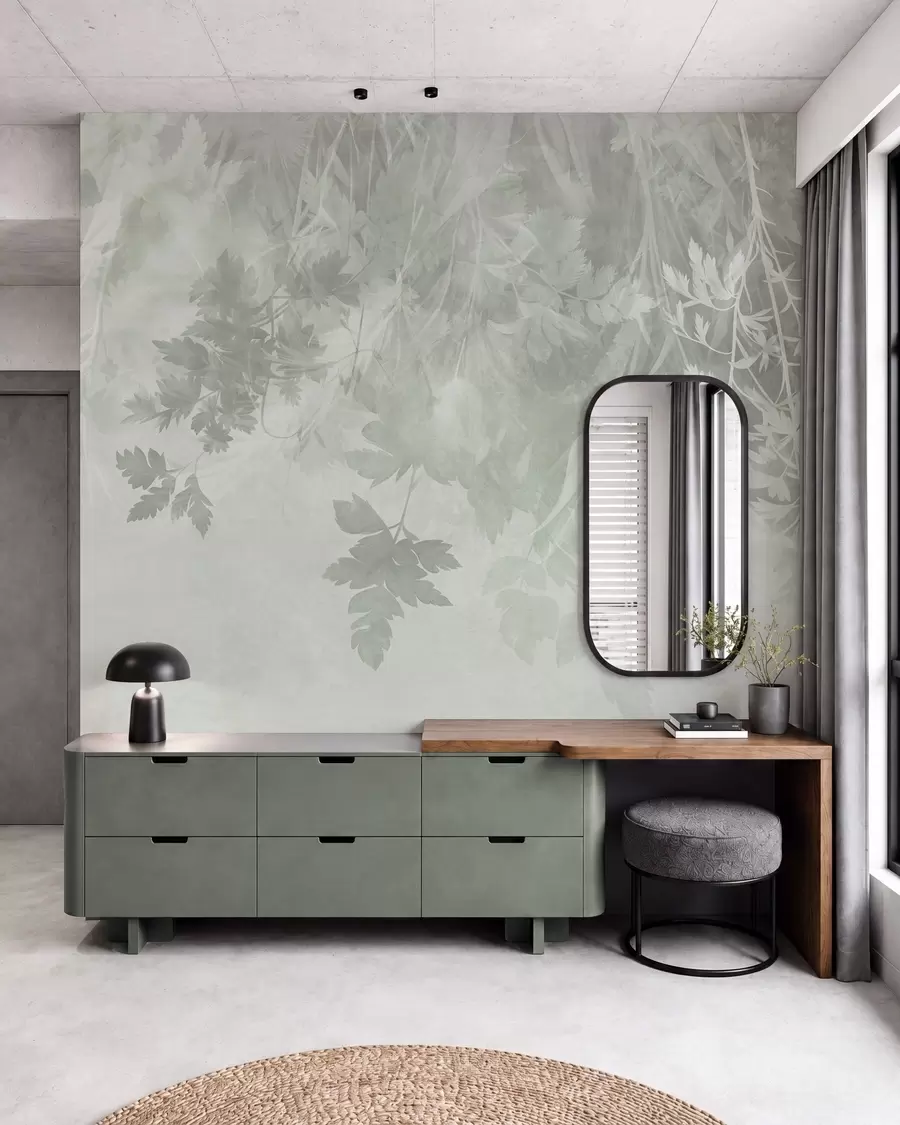 fototapet Frunze și ramuri cu textură, pe un fundal verde deschis, estompat w10020v2