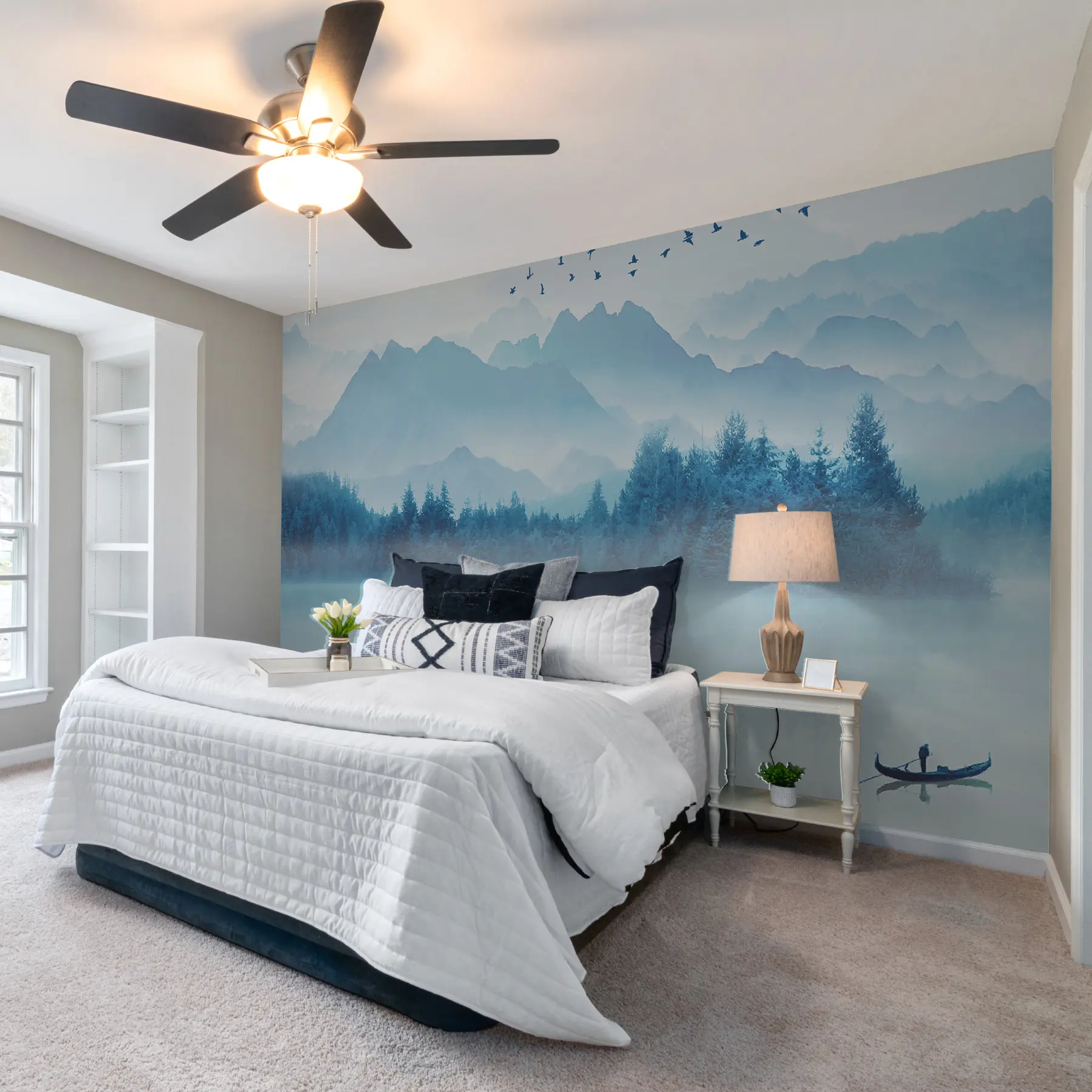 fototapet Munți, barcă pe un lac cețos u32395