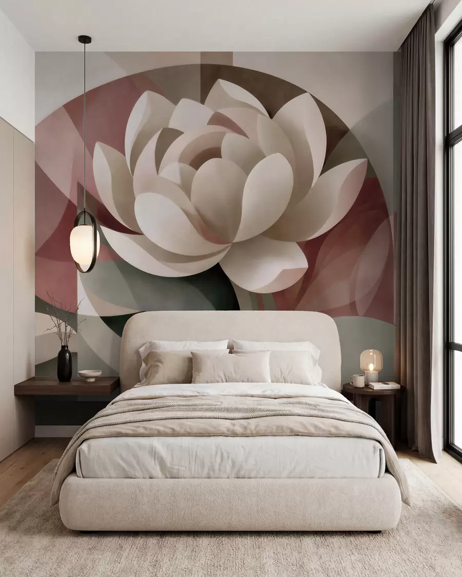 fototapet O floare abstractă de mari dimensiuni, realizată într-o tehnică geometrică fațetată, într-o paletă de culori discrete, de la pudră la smarald w10035
