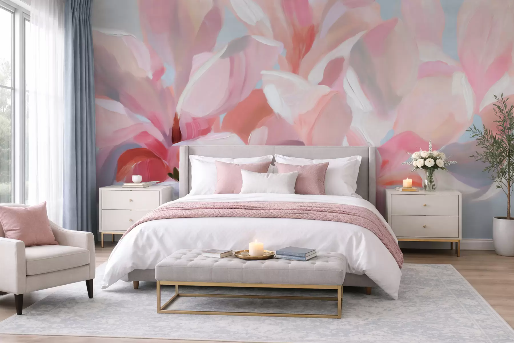 fototapet Prim-plan cu o magnolie roz, realizat cu o tehnică picturală delicată, de imitație w10043