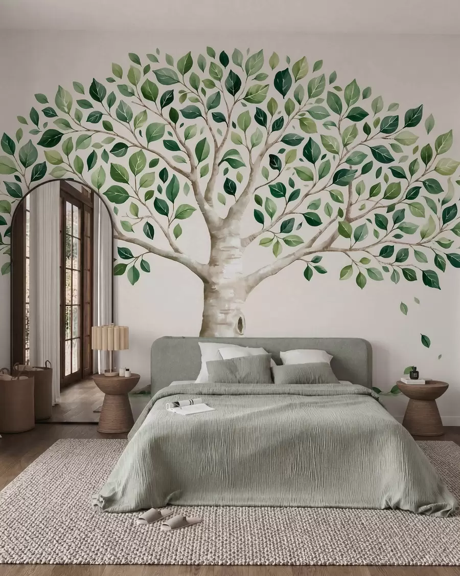 fototapet Copac cu frunziș verde, în stil acuarelă, minimalist w10046