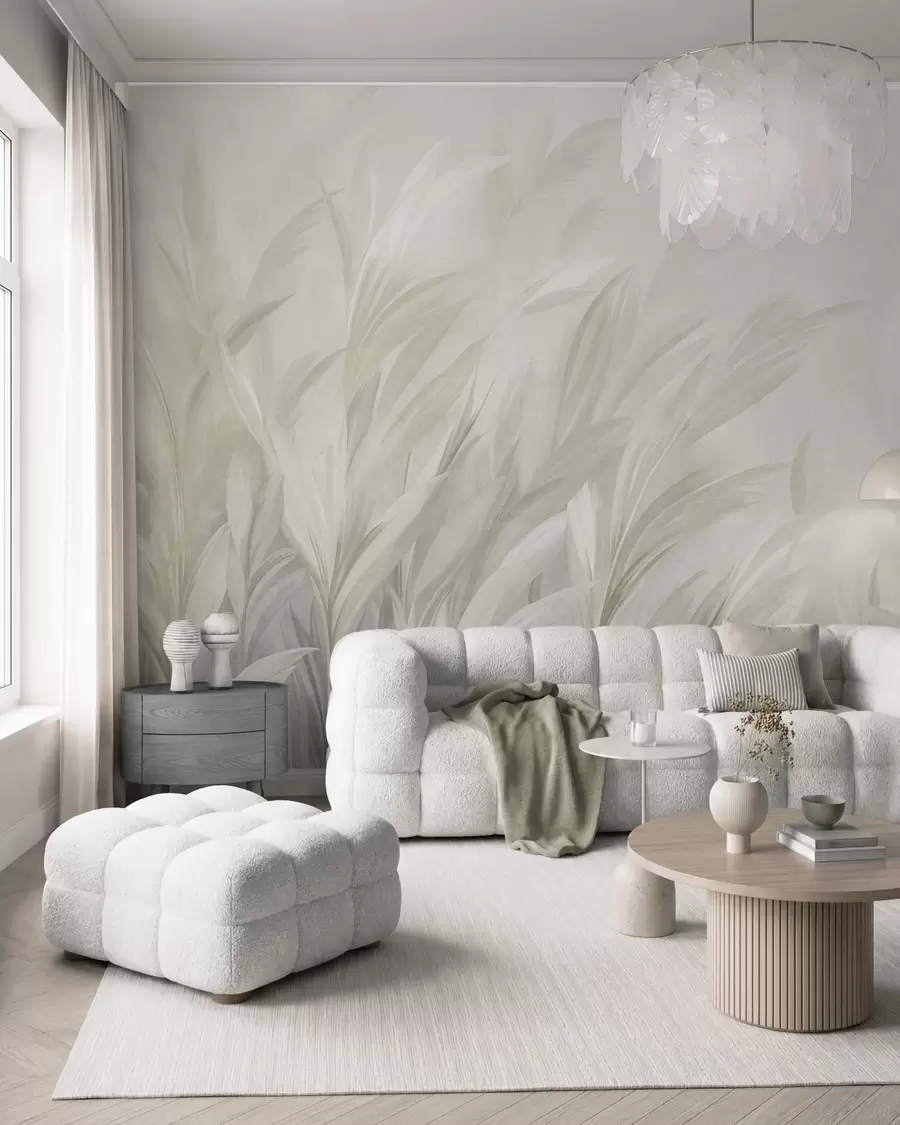 fototapet Iarbă înaltă și pufoasă, în nuanțe delicate de verde pastel, pe un fundal cu textură ușoară w10060v1