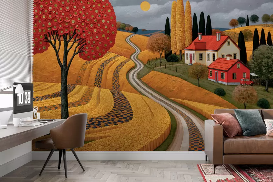 fototapet Imitare a unui peisaj pitoresc din Toscana, realizată prin tușe de pictură în ulei, cu un copac roșu, un drum șerpuitor și o fermă w10049
