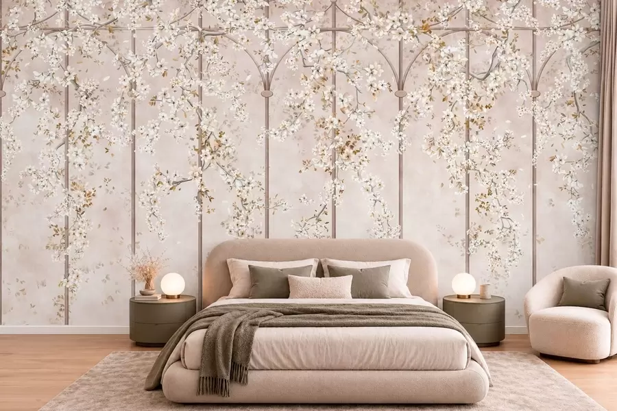 fototapet Ramuri albe înflorite pe un spalier decorativ w05923