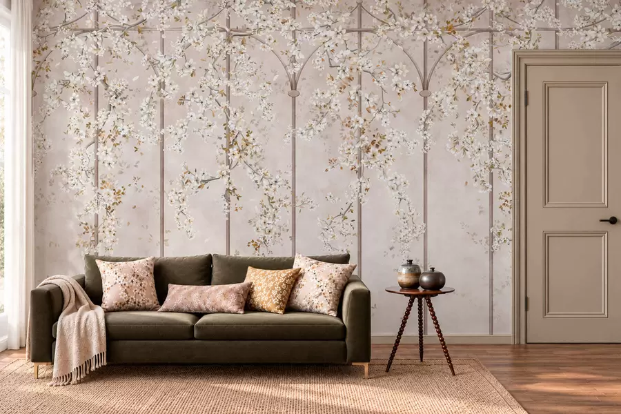 fototapet Ramuri albe înflorite pe un spalier decorativ w05923