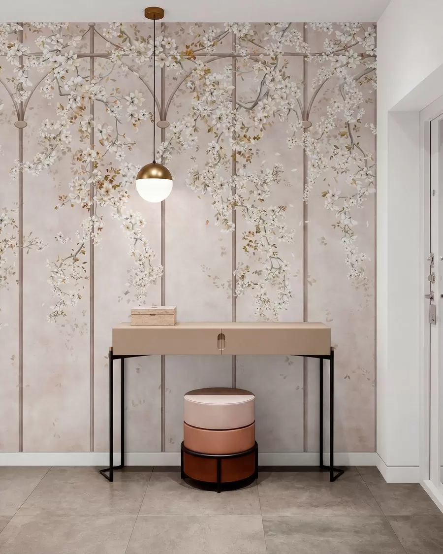 fototapet Ramuri albe înflorite pe un spalier decorativ w05923
