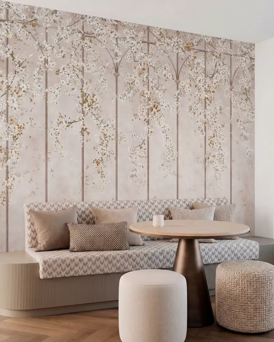fototapet Ramuri albe înflorite pe un spalier decorativ w05923