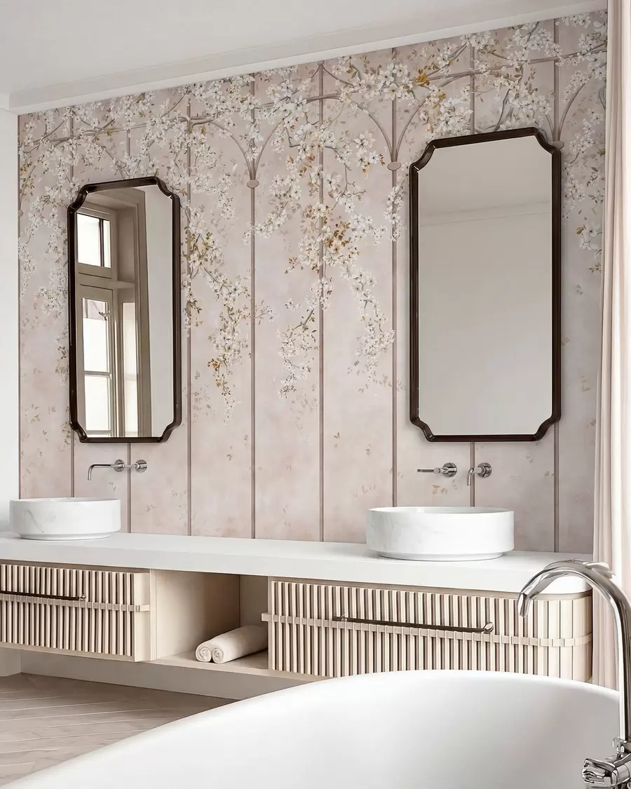 fototapet Ramuri albe înflorite pe un spalier decorativ w05923