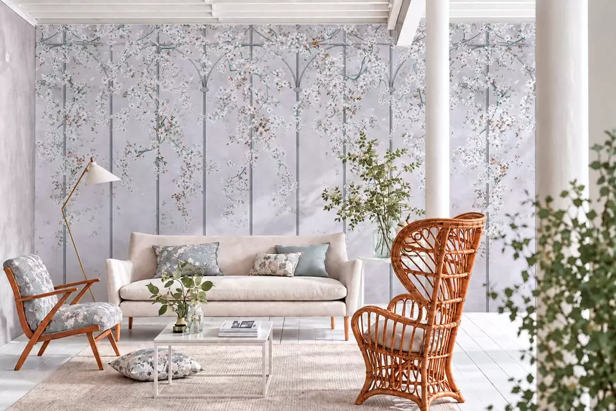 fototapet Ramuri cu flori albe pe un spalier decorativ albastru și gri w05923v1