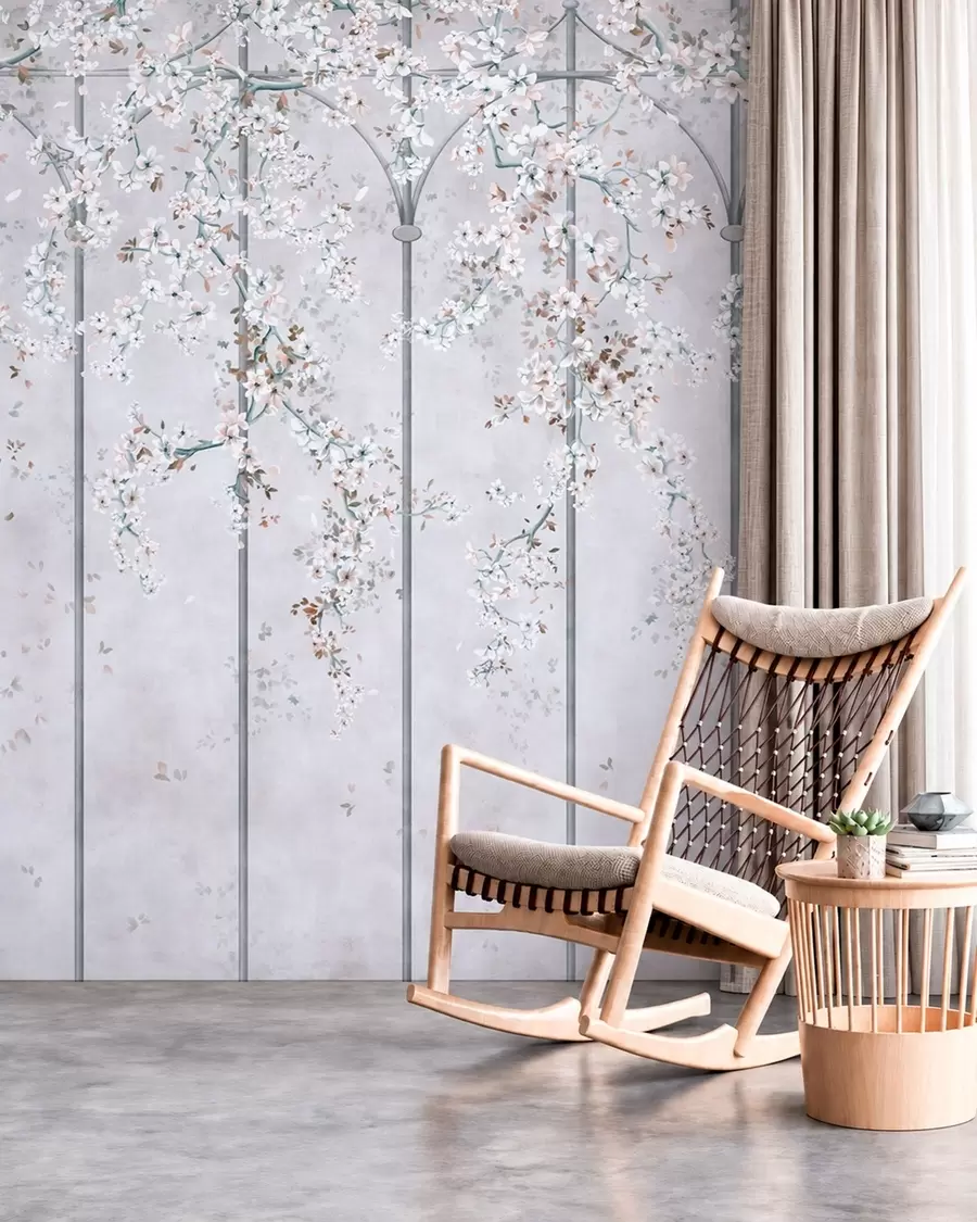 fototapet Ramuri cu flori albe pe un spalier decorativ albastru și gri w05923v1