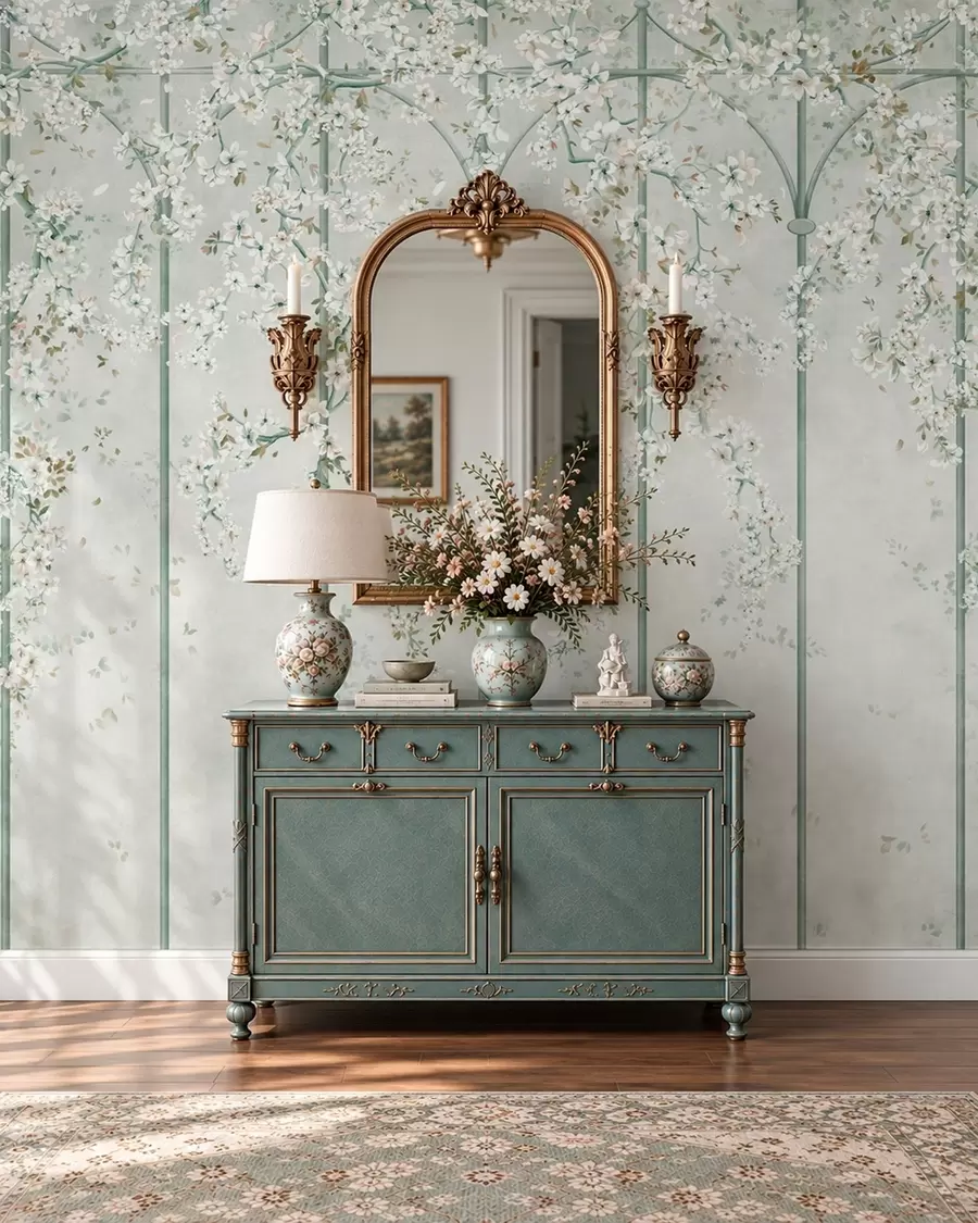 fototapet Ramuri cu flori albe pe un spalier decorativ verde w05923v2