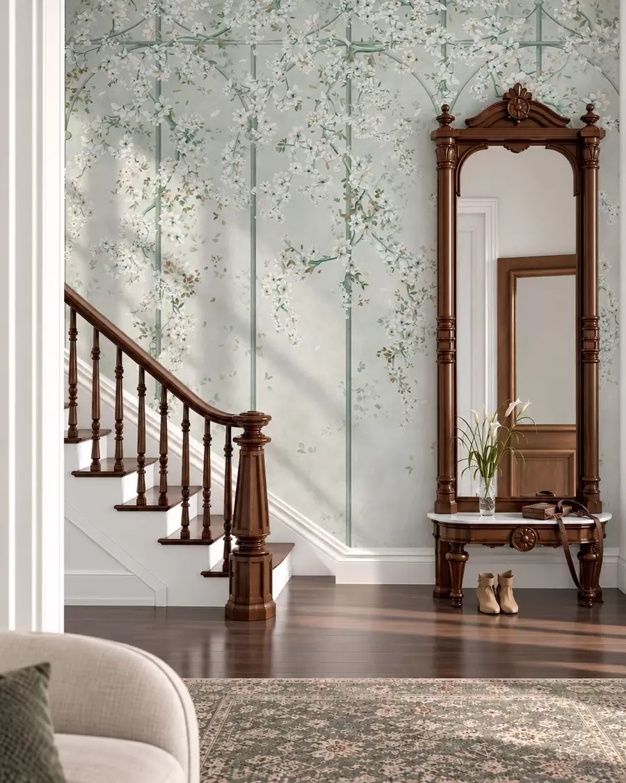 fototapet Ramuri cu flori albe pe un spalier decorativ verde w05923v2