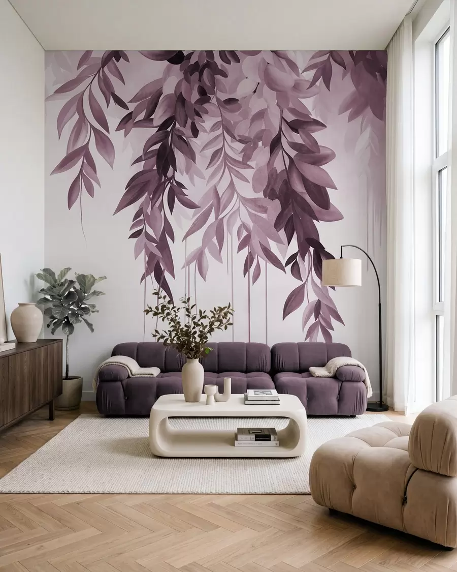 fototapet Frunze abstracte suspendate, în nuanțe de violet și roz, cu tulpini lungi și subțiri w10057v1