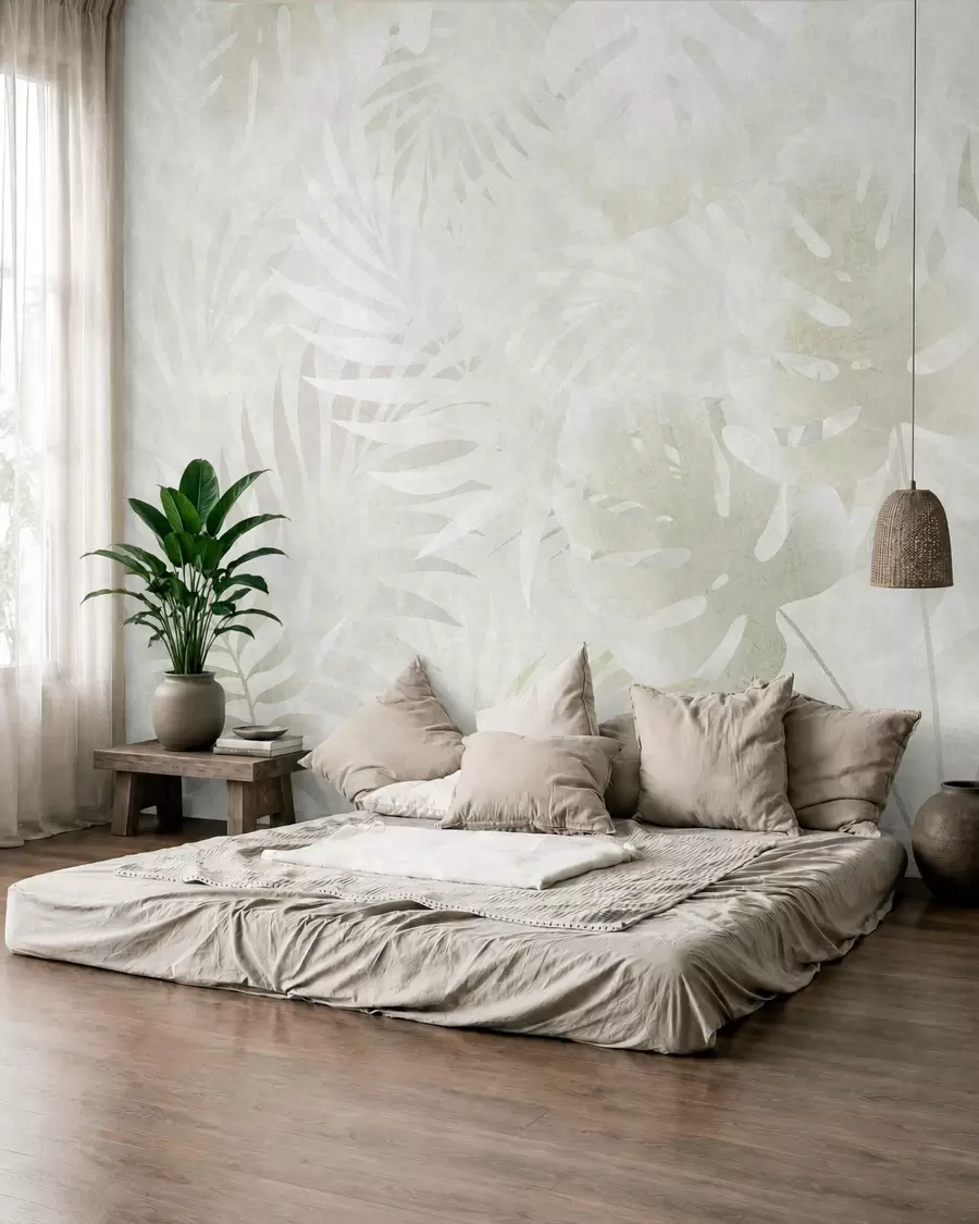fototapet Frunze tropicale cu efect grunge în nuanțe neutre de bej w10080v1