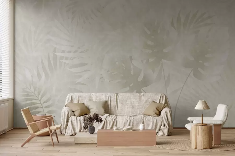 fototapet Frunze tropicale cu efect grunge în nuanțe neutre de bej w10080v1
