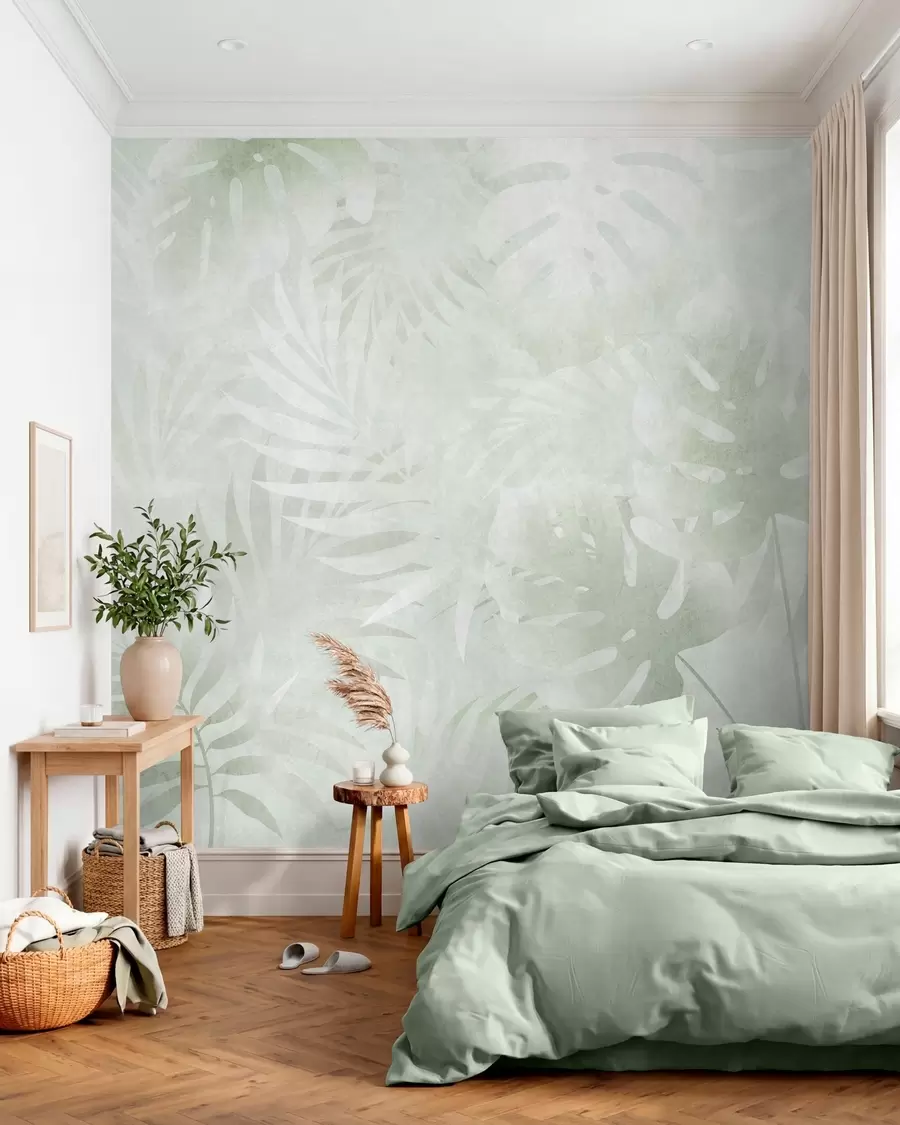 fototapet Frunze tropicale cu efect grunge în nuanțe de verde w10080v2