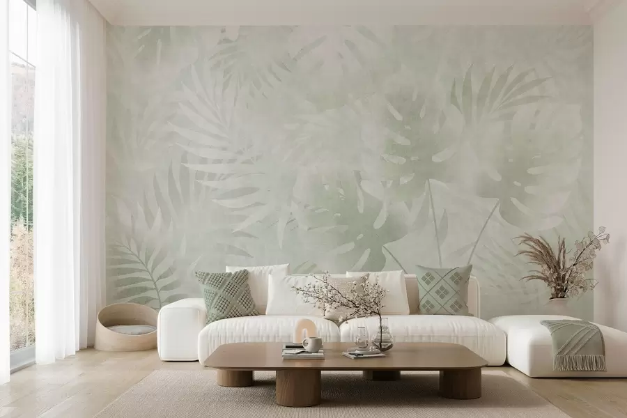 fototapet Frunze tropicale cu efect grunge în nuanțe de verde w10080v2