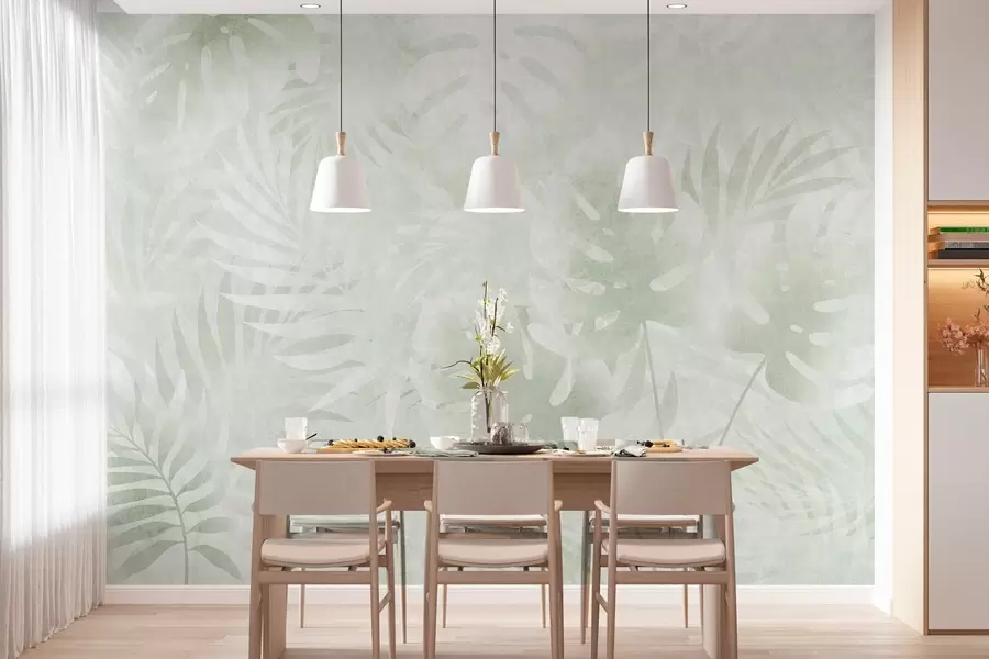 fototapet Frunze tropicale cu efect grunge în nuanțe de verde w10080v2