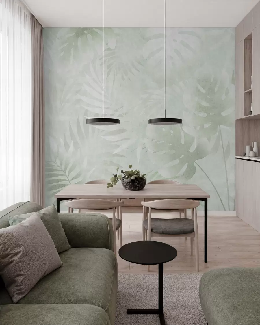 fototapet Frunze tropicale cu efect grunge în nuanțe de verde w10080v2