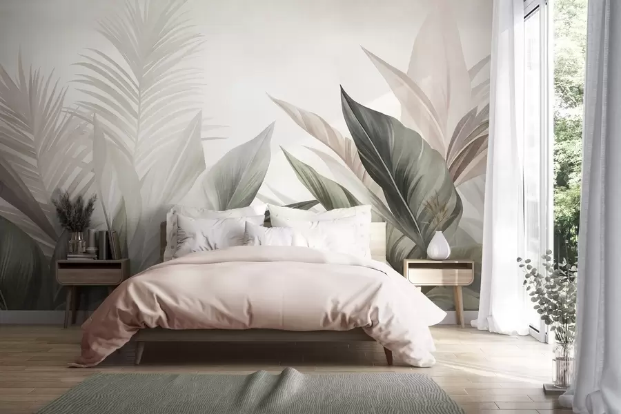 fototapet Frunze tropicale în nuanțe de verde și roz, cu textură și de dimensiuni mari, artă modernă w10055