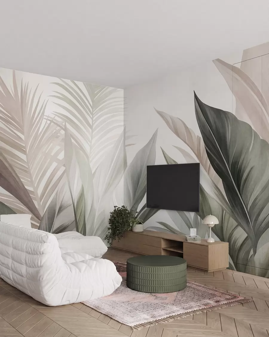 fototapet Frunze tropicale în nuanțe de verde și roz, cu textură și de dimensiuni mari, artă modernă w10055