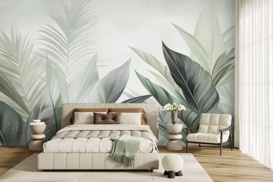 fototapet Frunze tropicale în nuanțe de verde, cu textură și de dimensiuni mari, artă modernă w10055v2