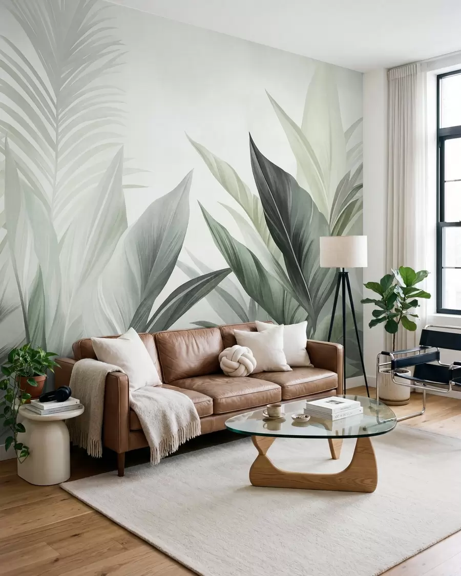 fototapet Frunze tropicale în nuanțe de verde, cu textură și de dimensiuni mari, artă modernă w10055v2
