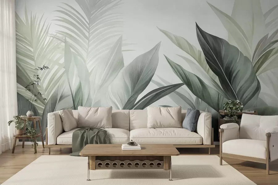 fototapet Frunze tropicale în nuanțe de verde, cu textură și de dimensiuni mari, artă modernă w10055v2